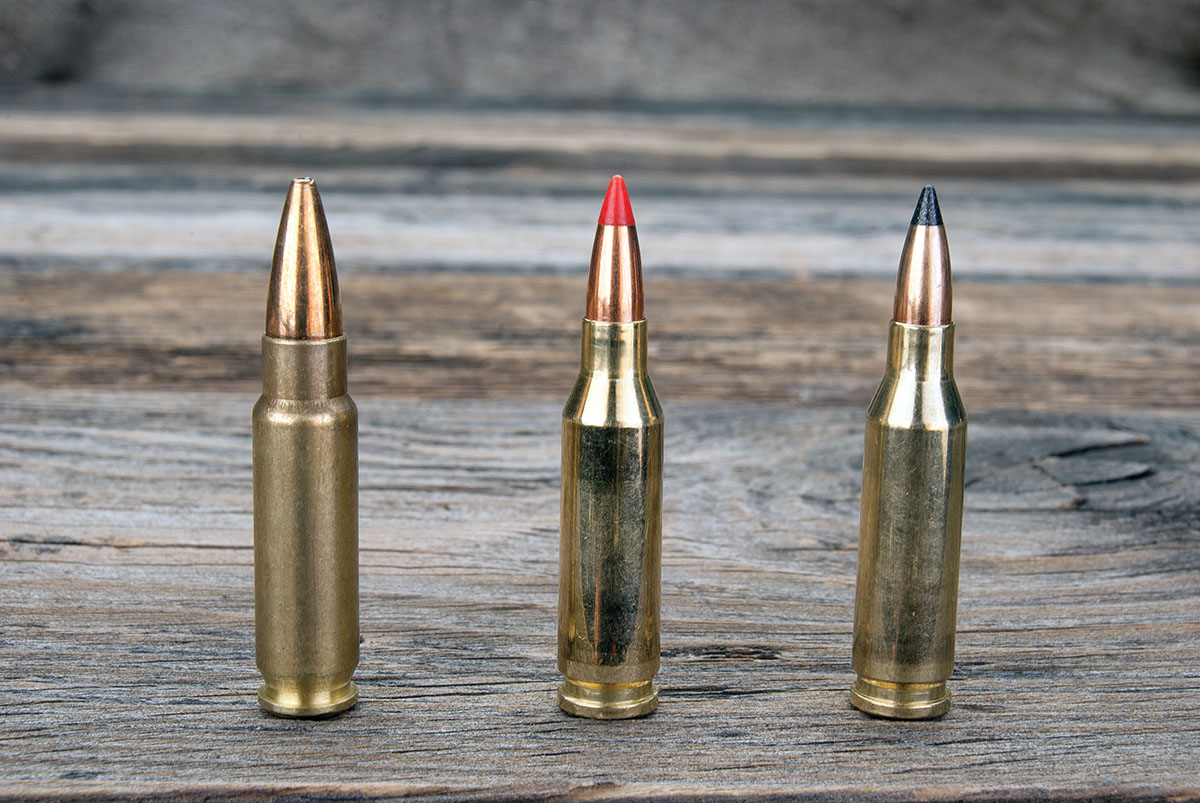 The 4.6x30 HK cartridge (left) was designed for military submachine gun use and is the parent to the 17 VHA cartridge (center) loaded with a Hornady 20-grain V-MAX bullet and Nosler’s 20-grain, tipped Varmageddon bullet (right).